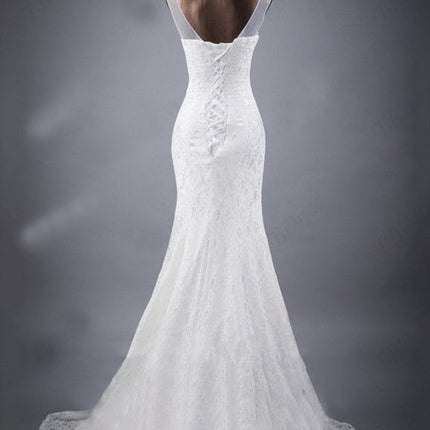 Lace slim and thin double shoulder tail wedding dress