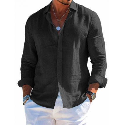 Men's Long Sleeve Shirt Casual Loose Lapel Button Top Solid Color Plus Size Blouse Clothing