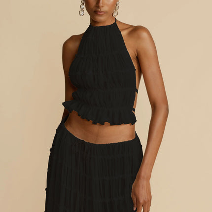 2pcs Women's Dress Suit Sexy Sleeveless Backless Cropped Halter Top And Pleated Long Skirt Beach Clothing
