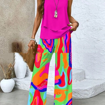 Print Suits Sleeveless Double-layer Vest And Loose Straight Pants Womens Clothing