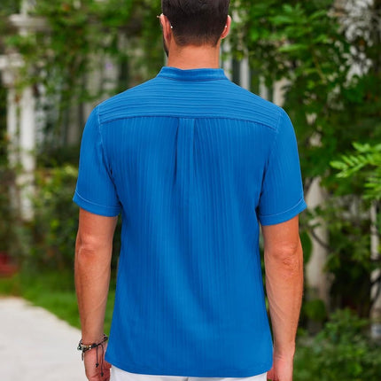 Summer Stand Collar Buttons Short Sleeve T-shirt Solid Color Stripe POLO Shirt Fashion Casual Beach Clothing For Men