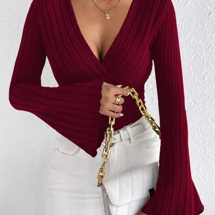 Women's Autumn And Winter Rib Sunken Stripe V-neck Flared Slim-fit Long Sleeve T-shirt Elegant Women's Top