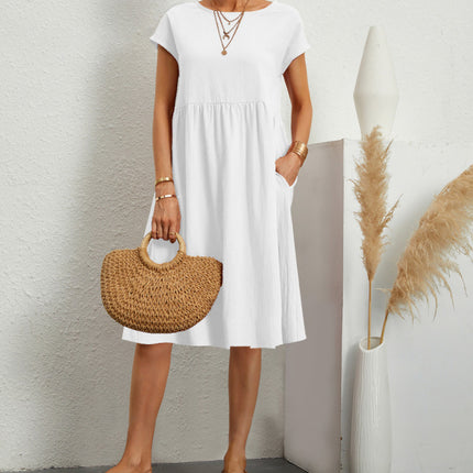 Summer Short-sleeved Dress With Pockets Fashion Solid Round Neck A-line Dresses For Women Clothing