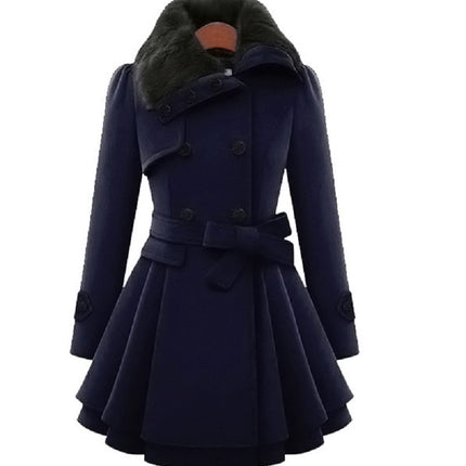 Women's Slim Mid-length Woolen Coat With Belt Thickened Double-breasted Padded Windbreaker Coat