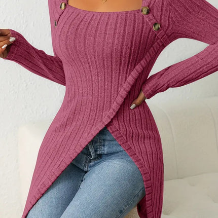 Square Collar Irregular Knitted Top With Button Design Fashion Solid Long-sleeved Long Top For Women Clothing