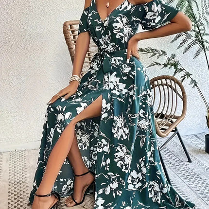 Ins Off-Shoulder Split Dress Summer Floral Print Suspender Long Dresses With Belt Design Women's Beach Clothing