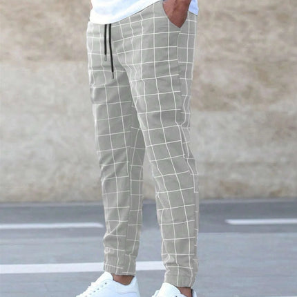 Fashion Plaid Print Pants Casual Drawstring Trousers Men's Clothing