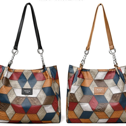 Retro Geometric Pattern Color-matching Shoulder Bag Fashion Large Capacity Stitching Handbag For Women Totes