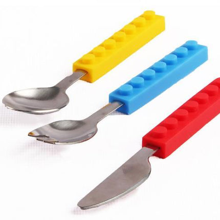 3PCS Creative Bricks Silicone Stainless Steel Portable Travel Kids  Cutlery Fork Picnic Set Gift For CHild Dinnerware