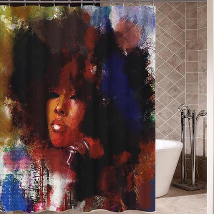Art Design Graffiti Art Hip Hop African Girl with Black Hair Big Earring with Modern Building Shower Curtain for Bathroom Decor