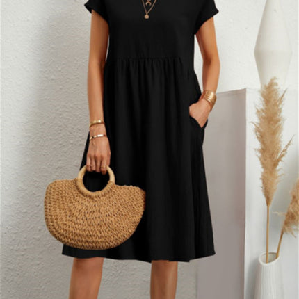 Summer Short-sleeved Dress With Pockets Fashion Solid Round Neck A-line Dresses For Women Clothing