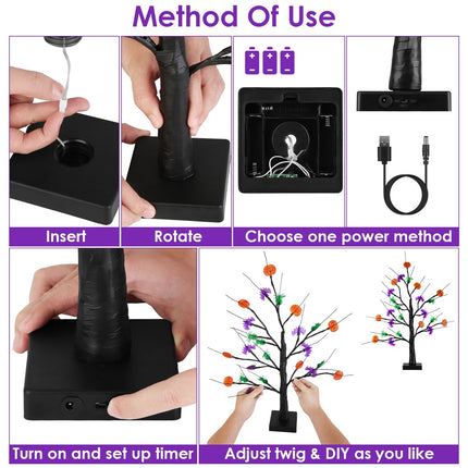 2Pack 1.97FT Lighted Halloween Trees Halloween Indoor Decorations Black Halloween Tree Lights With Timer Adjustable Twigs For Tabletop Party