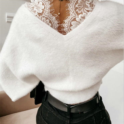 Autumn Winter Sexy Solid Color Lace Strap Flannel Long Sleeved Top