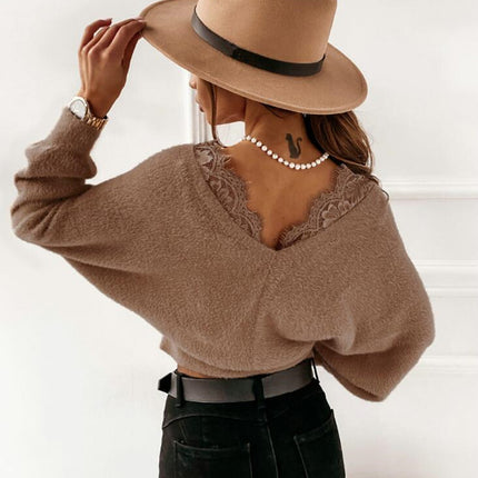 Autumn Winter Sexy Solid Color Lace Strap Flannel Long Sleeved Top