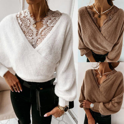 Autumn Winter Sexy Solid Color Lace Strap Flannel Long Sleeved Top