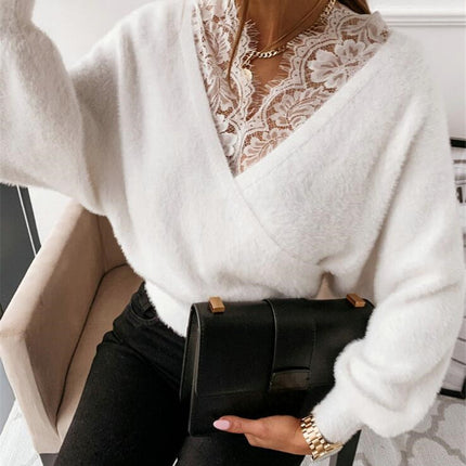 Autumn Winter Sexy Solid Color Lace Strap Flannel Long Sleeved Top