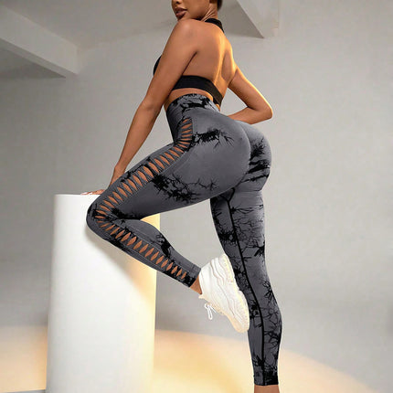 2 Pack Tie-dye Hollow High-waist Butt-lifting Women's Fitness Pants, Women's Tie Dye Cutout Tights Workout Yoga Leggings