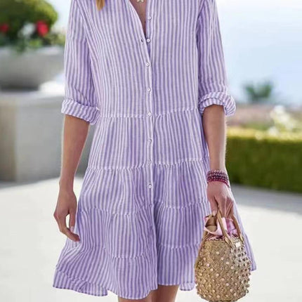 Ins Striped Long-sleeved Shirt Dress Fashion Lapel Button Dresses For Women