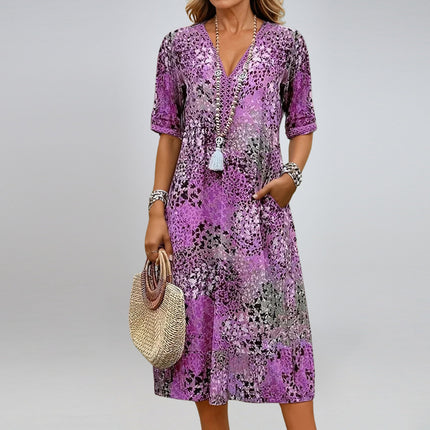 Summer V-neck Half-sleeved Dress With Pockets Fashion Ethnic Print Dresses Beach Holiday Clothing For Women