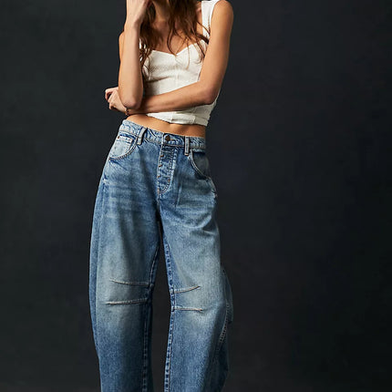 High Stretch Mid-Rise Barrel Jeans Fashion Wide Leg Shape Women Casual Baggy Mid Waist Denim Jeans