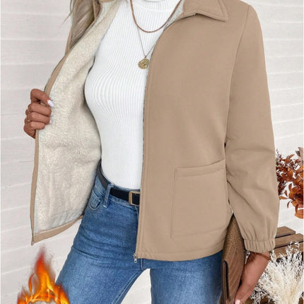 Casual Solid Color Zipper Fleece Jacket, Autumn Winter