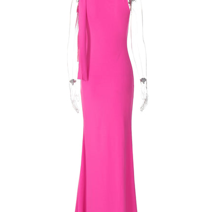 One-shoulder Ribbon Long Dress Ins Fashion Slim Sleeveless Dresses For Evening Party Club Clothing Women