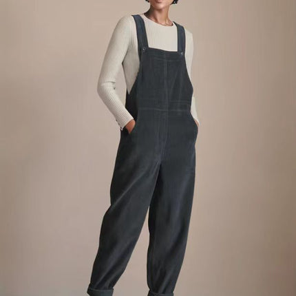 Corduroy Bib Overalls With Buttons And Pockets Fashion Casual Jumpsuit Loose Straight Pnats For Women
