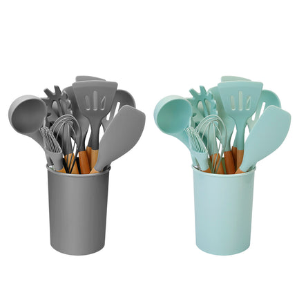2 Color Options -- Set Of 11Pcs Silicone Cooking Utensil Set Heat Resist Wooden Handle Silicone Spatula Turner Ladle Spaghetti Server Tongs Spoon Egg Kitchenware Set With Holder