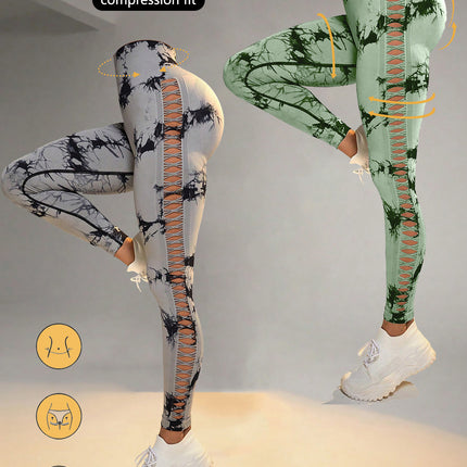 2 Pack Tie-dye Hollow High-waist Butt-lifting Women's Fitness Pants, Women's Tie Dye Cutout Tights Workout Yoga Leggings