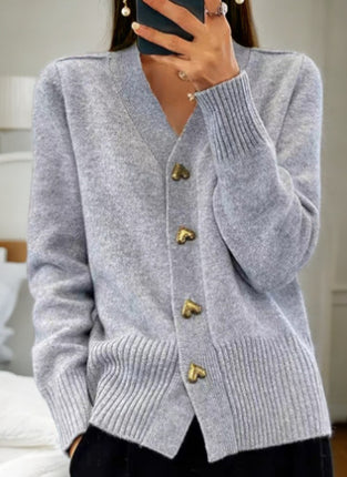 V-neck Knitted Sweater With Love Button Fashion Solid Long-sleeved Cardigan Spring And Autumn Women's Clothing