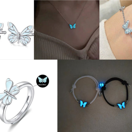Fashion Blue Luminous Butterfly Necklace Bracelet Set For Glow In The Dark Women Clavicle Chain Choker Party Jewelry Set Gift