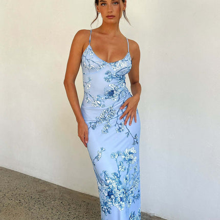 Y2K Slim Flowers Printing Slip Dress Women's Summer Suspender Skirt Vacation Beach Long Dresses