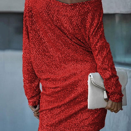 Fashion Oblique Shoulder Sequins Dress Ins Long-sleeved Dresses For Party Women's Clothing