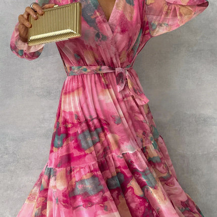 Long-sleeved Floral Print Dress Elegant V-neck Pleated High-waisted Big Swing Chiffon Maxi Dresses For Women Clothing