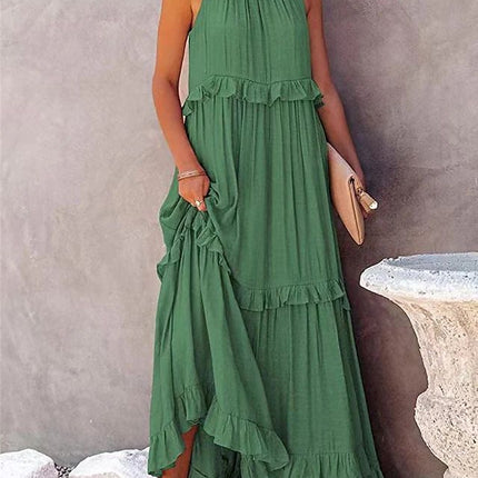 Summer Vacation Style Halter Neck Long Dresses Women Fashion Backless Leace-up Loose Ruffles Beach Dress Elegant Ladies Vestidos