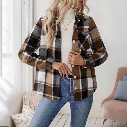 Women's Checkered Fleece Lined Shacket, Plaid Button Down Shirt Jacket With Chest Pockets, Fall Winter Outerwear Coat