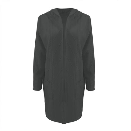 Women's Textured Hooded Longline Jacket, Solid Color Casual Oversized Top With Pockets For Fall & Winter