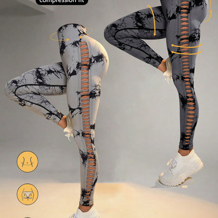 2 Pack Tie-dye Hollow High-waist Butt-lifting Women's Fitness Pants, Women's Tie Dye Cutout Tights Workout Yoga Leggings