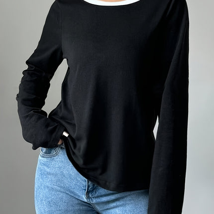 Women's Trendy Round Neck Two-Piece Illusionknit T-Shirt Full Sleeve Base Layer Top Crew Neck Design