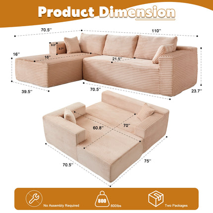 L-Shaped Compression Sofa Bed, Convertible Sectional Sofa With Pillow Back Support - Foldable Floor Couch Lounger, Corduroy Fabric Futon Sleeper For Living Room, Bedroom, Game Room