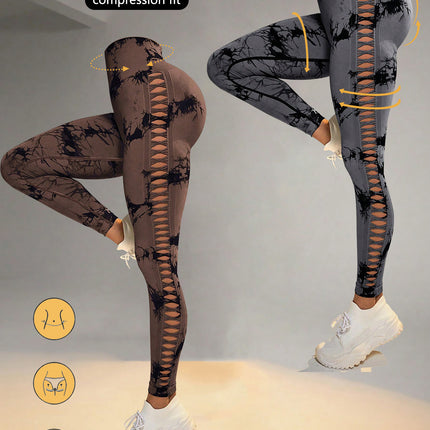 2 Pack Tie-dye Hollow High-waist Butt-lifting Women's Fitness Pants, Women's Tie Dye Cutout Tights Workout Yoga Leggings
