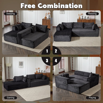 Compression Sectional Couch With Comfy Chaise, Boneless L Shape Sofa With Deep Seat, Minimalist Modular Couches Sleeper For Living Room Bedroom Apartment Lounge,corduroy,Black