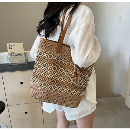 Summer Stripe Straw Sholder Bags With Tassel Pendant Fashion Large Capacity Seaside Vacation Beach Bags