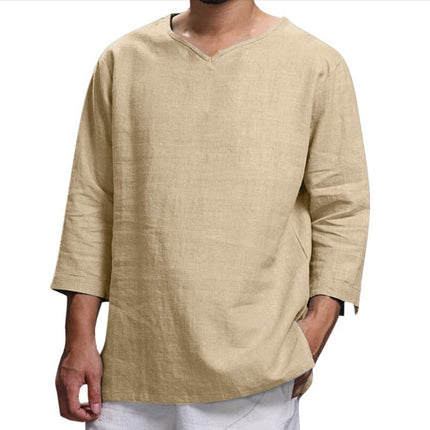 Loose Casual V-neck Top Cotton And Linen Long Sleeve Pullover Shirt Mens Clothing