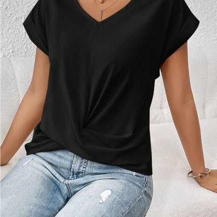 Fashion V-neck Short-sleeve T-shirt Summer Casual Irregular Knot Top For Women Clothing