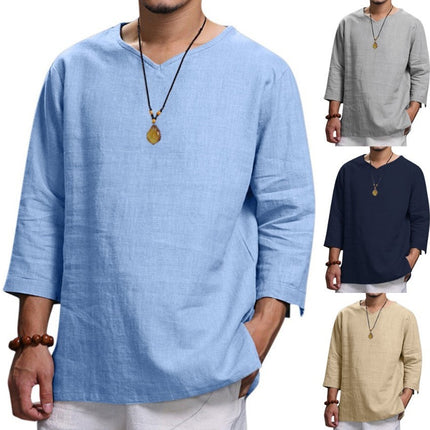Loose Casual V-neck Top Cotton And Linen Long Sleeve Pullover Shirt Mens Clothing
