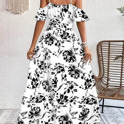 Ins Off-Shoulder Split Dress Summer Floral Print Suspender Long Dresses With Belt Design Women's Beach Clothing