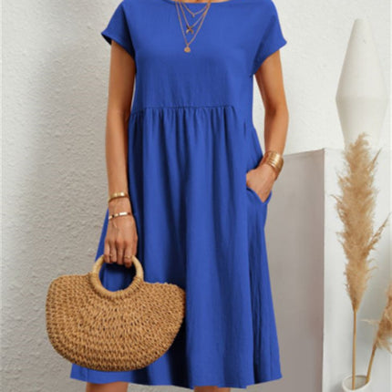 Summer Short-sleeved Dress With Pockets Fashion Solid Round Neck A-line Dresses For Women Clothing