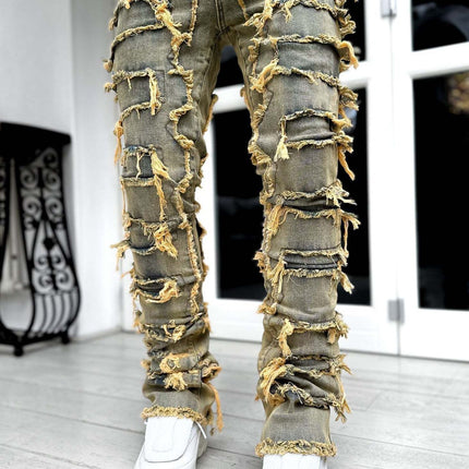 Men Trousers Individual Patched Pants Long Tight Fit Stacked Jeans For Mens Clothing