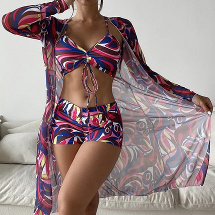 3pcs Pring Bikini With Long Sleeve Cardigan Fashion Summer Beach Swimsuit Women